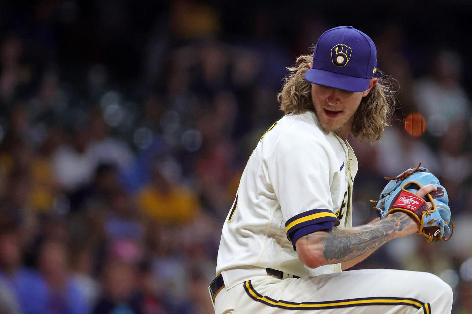 MILWAUKEE, WISCONSIN - JULY 26: Josh Hader #71 of the Milwaukee Brewers throws a pitch during a game against the Minnesota Twins at American Family Field on July 26, 2022 in Milwaukee, Wisconsin. (Photo by Stacy Revere/Getty Images)