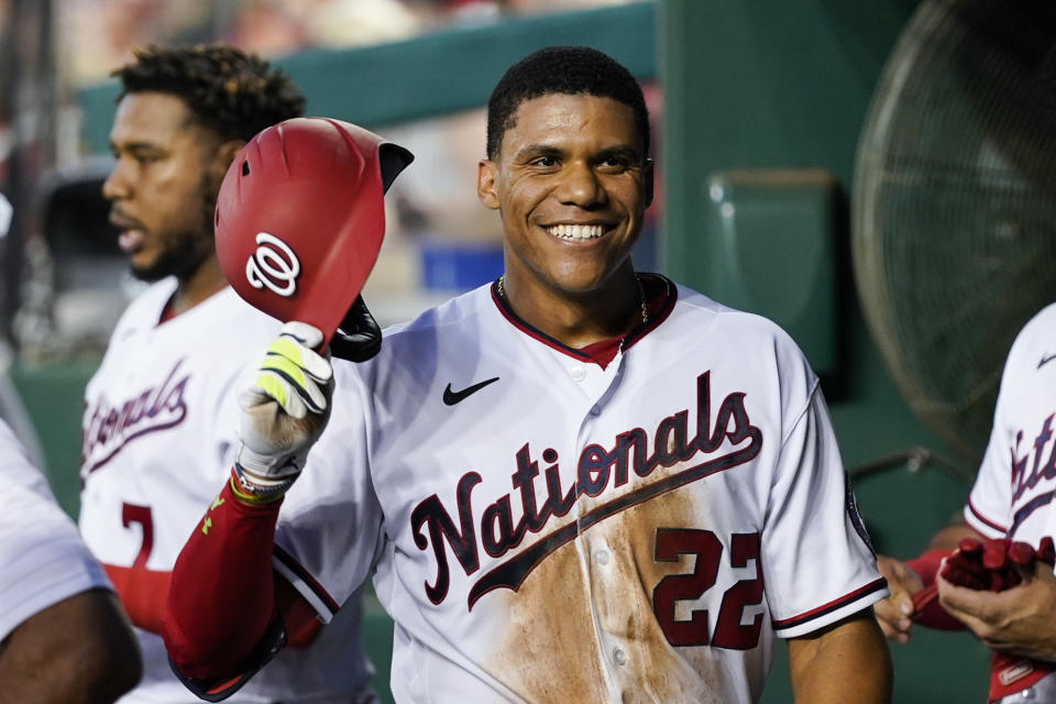 Juan Soto had a memorable final game with the Nationals. He's off to San Diego after being traded before the MLB deadline. (AP Photo/Alex Brandon)